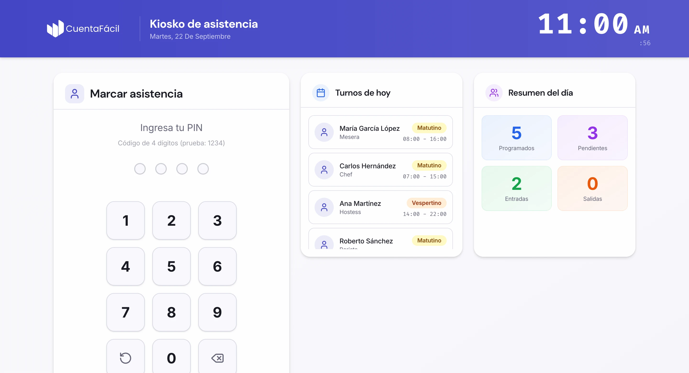 Kiosko de asistencia de CuentaFácil en una tablet: teclado numérico para marcar con PIN, turnos del día por empleado y resumen de entradas y salidas